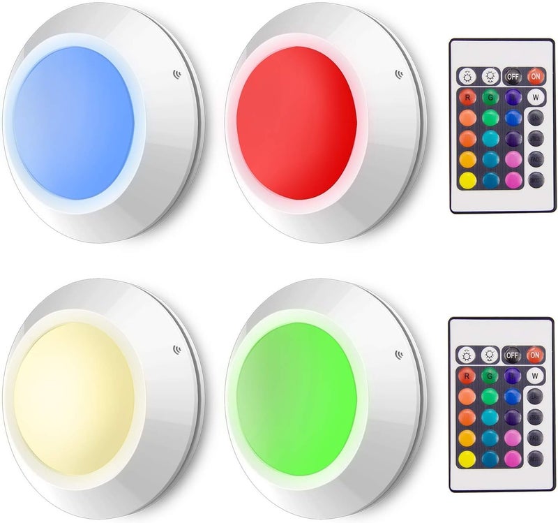 HONWELL Push Lights, LED Puck Lights with Remote, Battery Operated Under Cabinet Lighting,Cordless RGB Color Changing Touch Fairy Light with Dimmer, Stick on Light for Closet Classroom Shelf - Image 1
